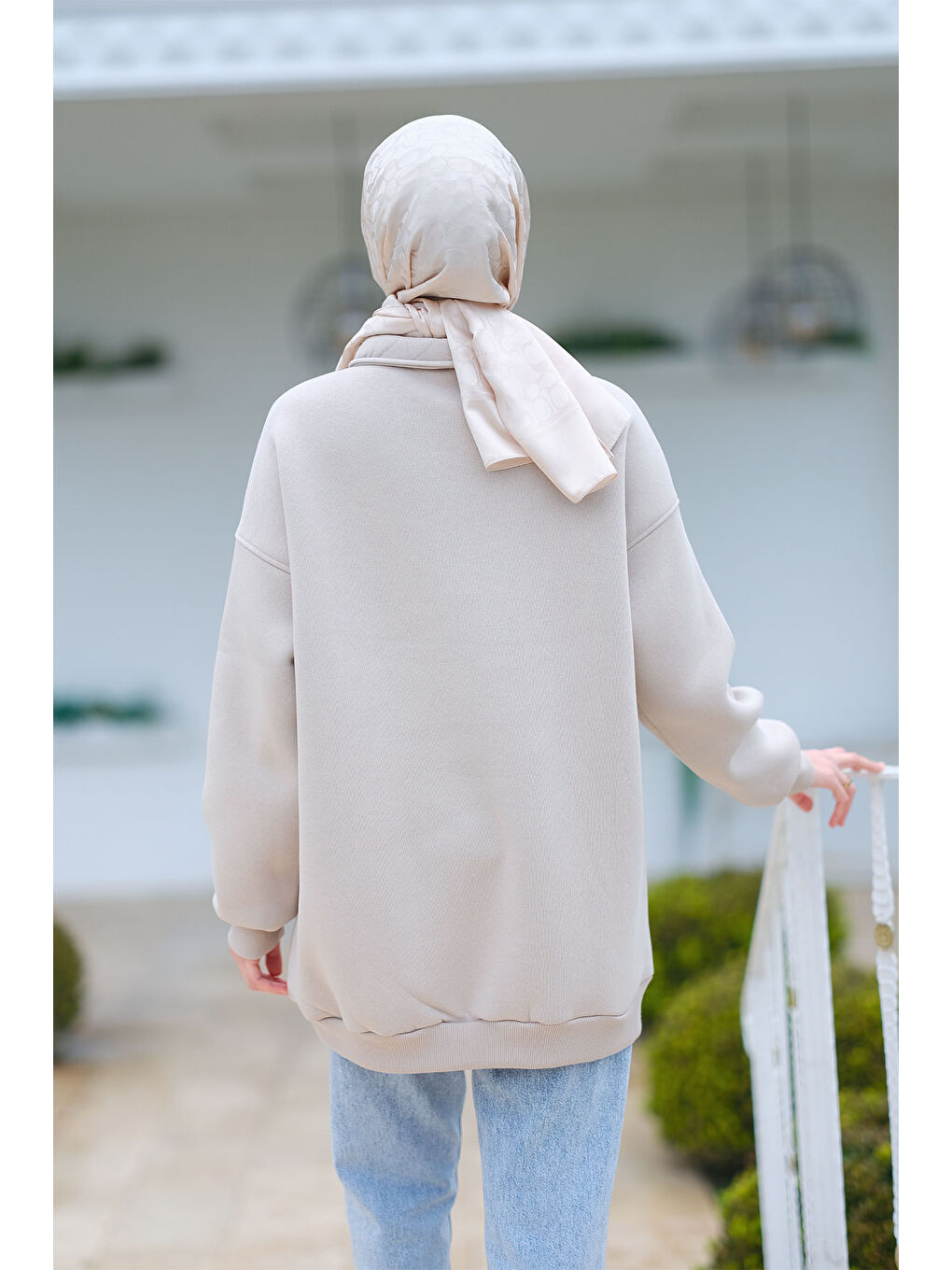 Ekru Yarım Fermuar Detay Sweat Krem-3