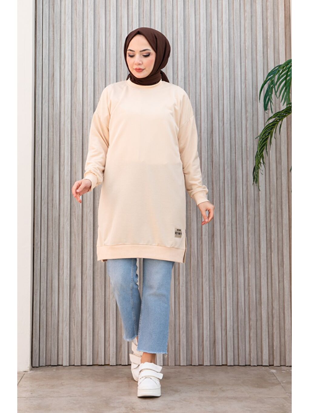 Ekru Armalı Yırtmaç Detaylı Vortex Tunik Krem - 27952-KREM-3