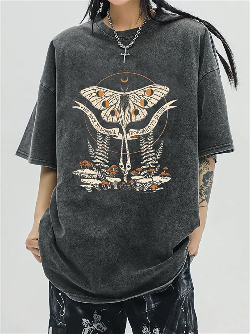 Touz Moda Antrasit Butterfly & Mushrooms Yıkmalı Unisex Eskitme T-shirt