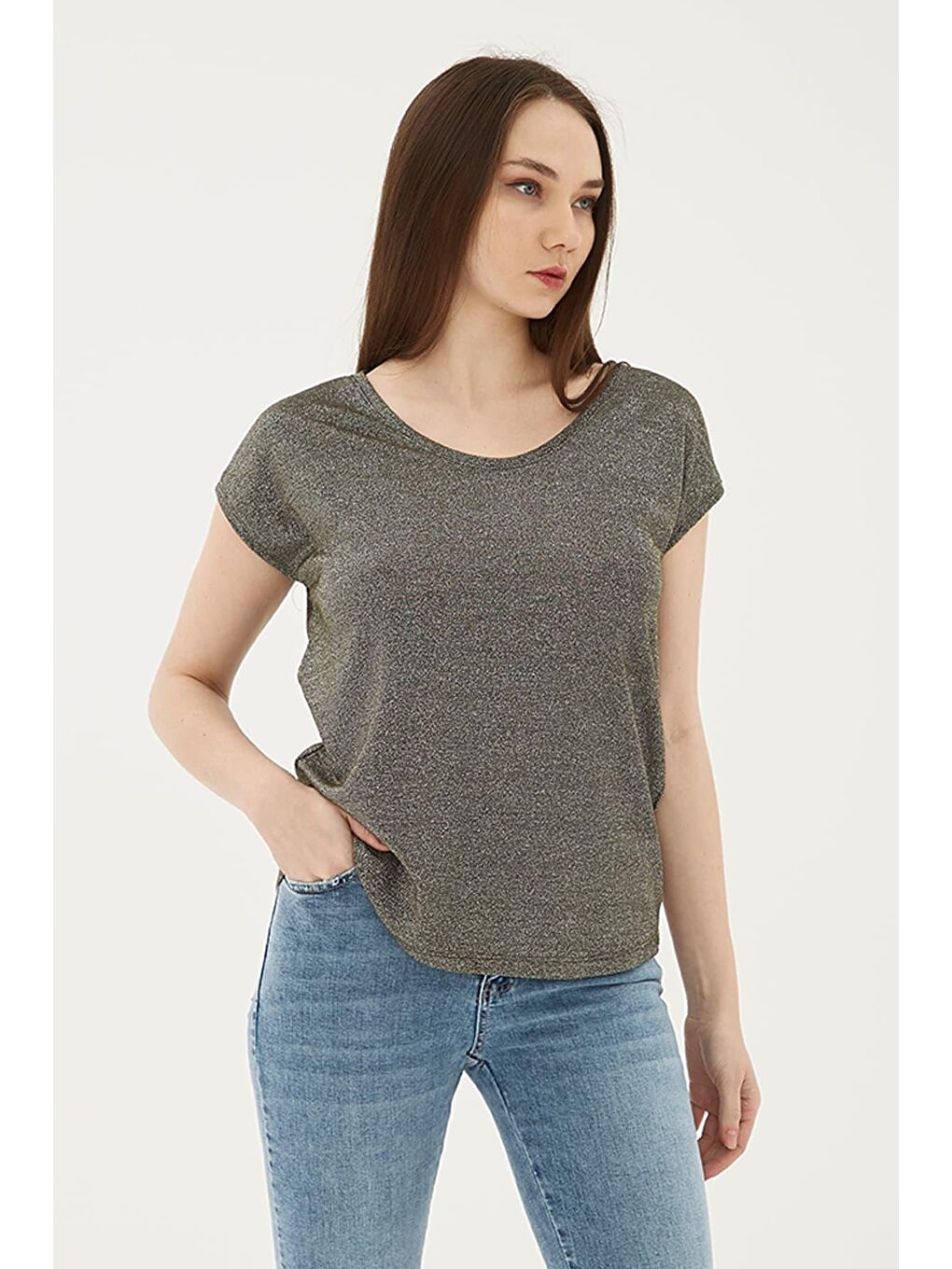 Haki Standart Fit Yuvarlak Yaka Simli Bluz 25Y0202K1-1