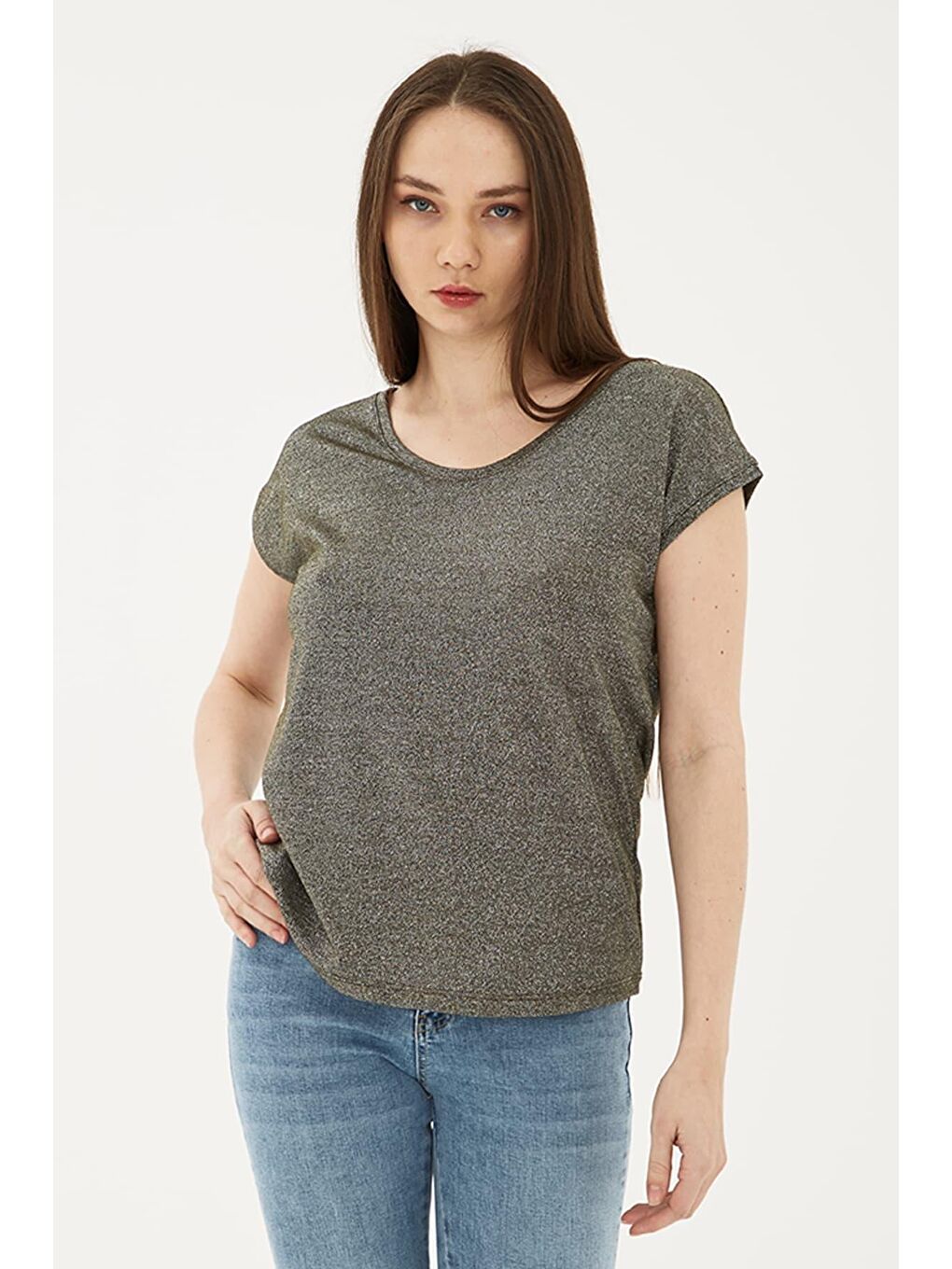 Haki Standart Fit Yuvarlak Yaka Simli Bluz 25Y0202K1-2