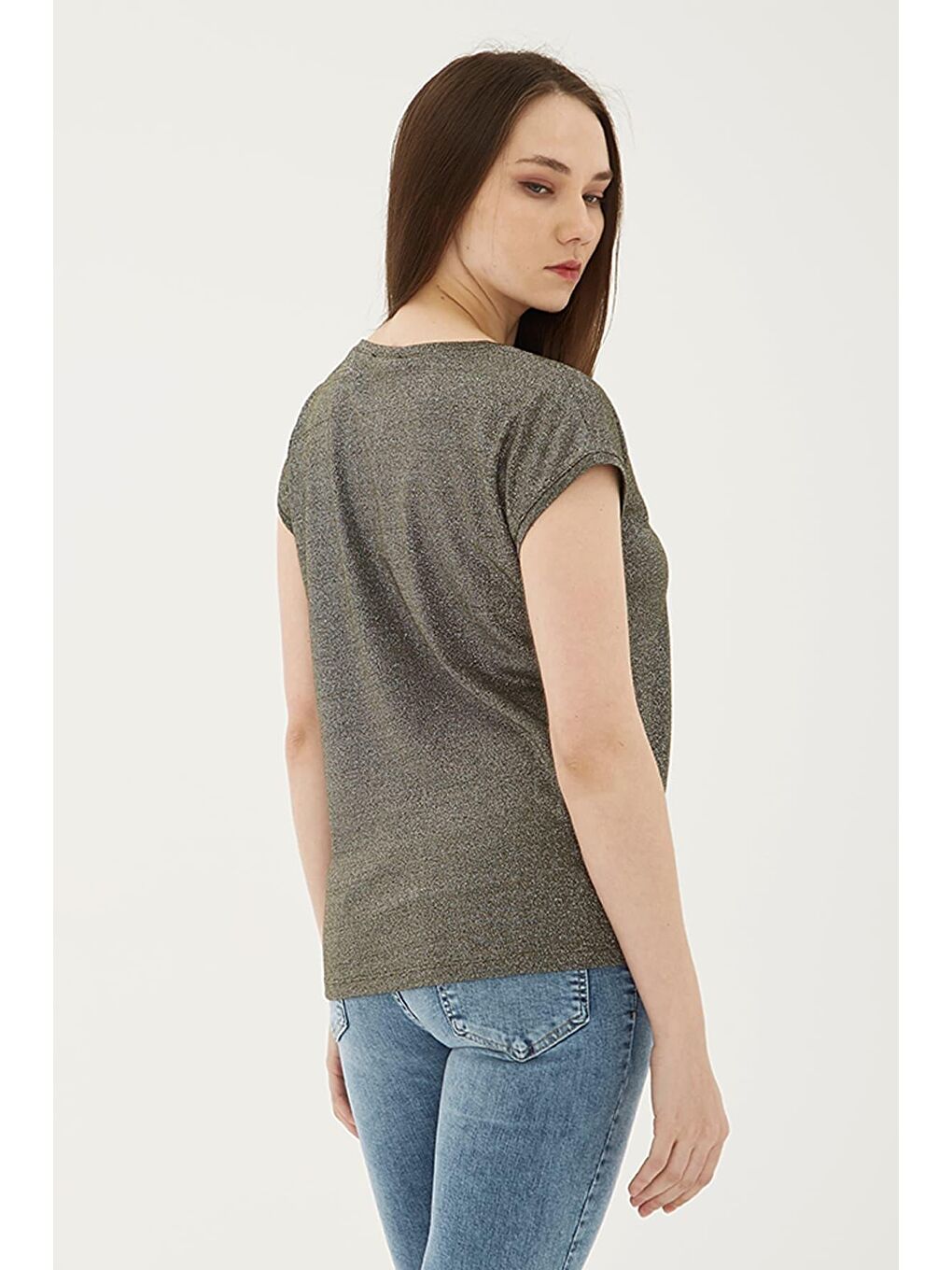 Haki Standart Fit Yuvarlak Yaka Simli Bluz 25Y0202K1-3