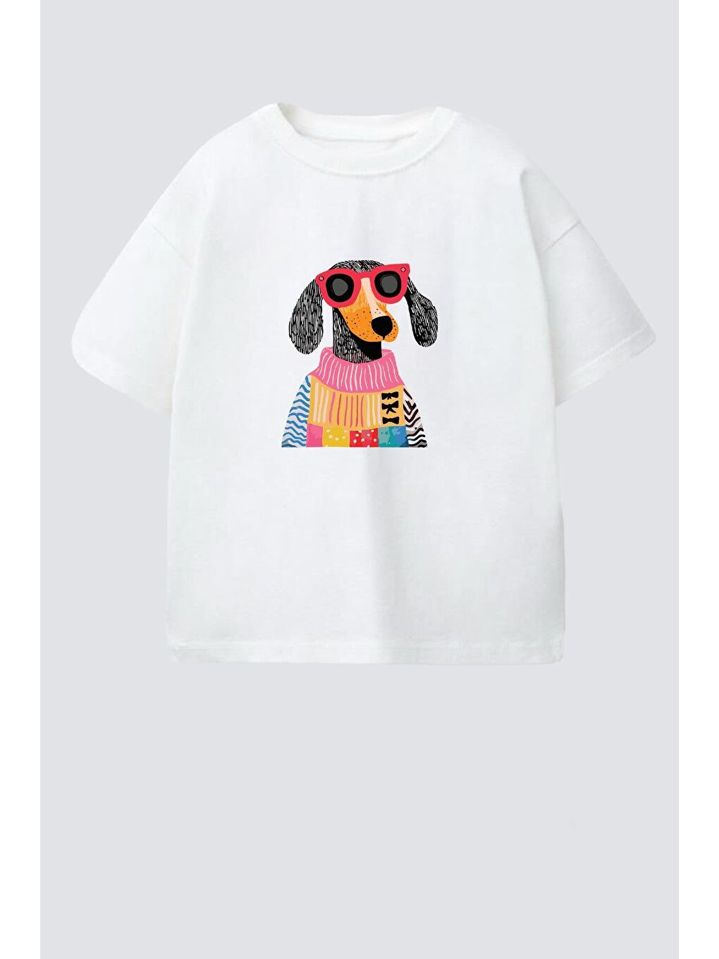 Ekru Kız Çocuk Köpek Baskılı Bisiklet Yaka Tshirt
