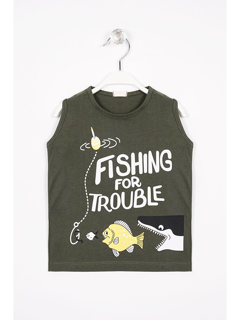 Fıshıng For Trouble Yazı Baskılı Haki Renk Erkek Çocuk Tshirt