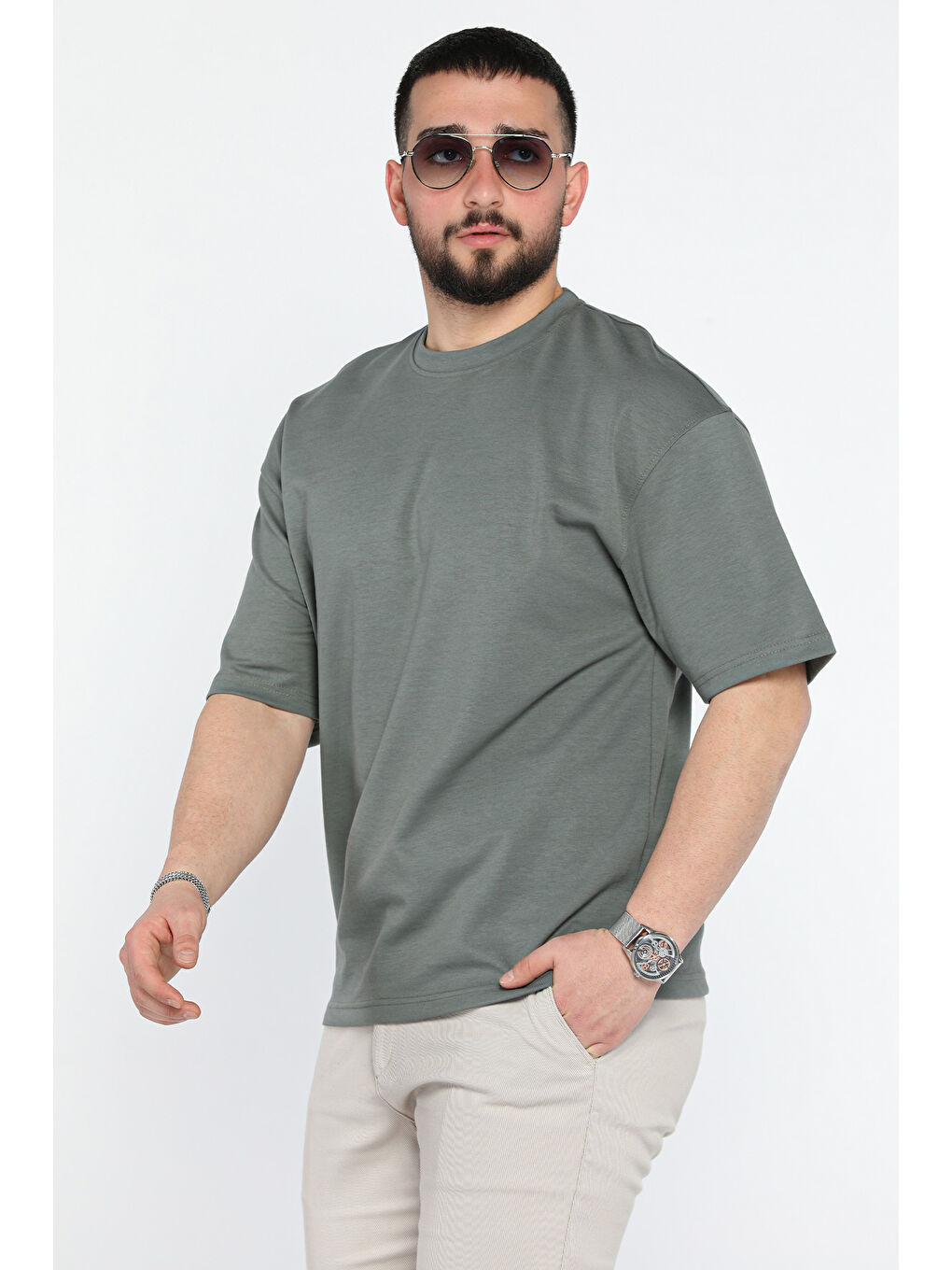 Haki Erkek Bisiklet Yaka Basic Oversize Tişört