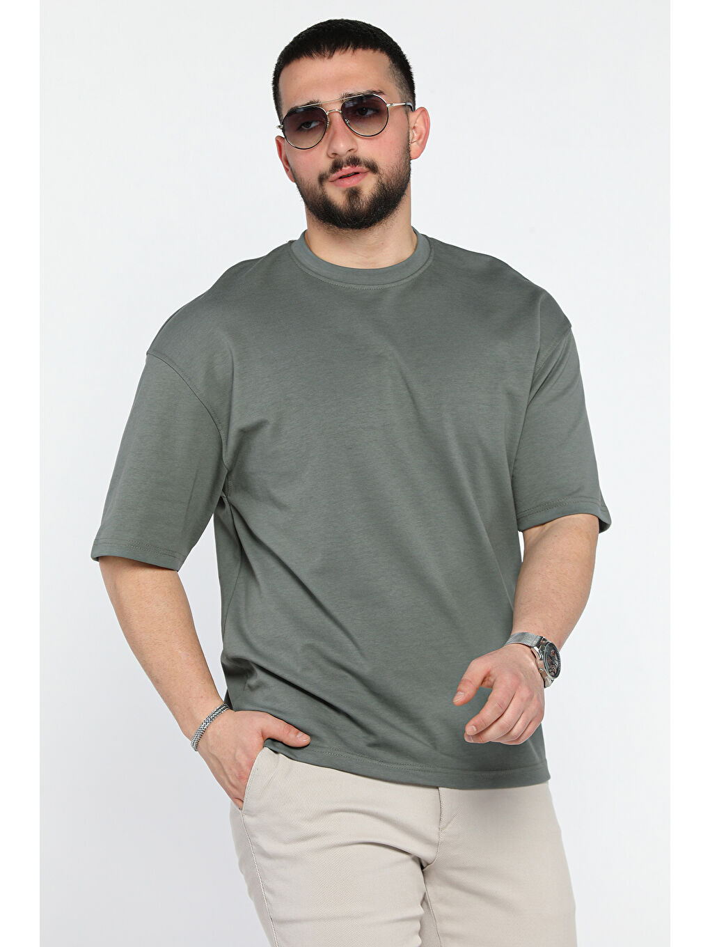 Haki Erkek Bisiklet Yaka Basic Oversize Tişört-1