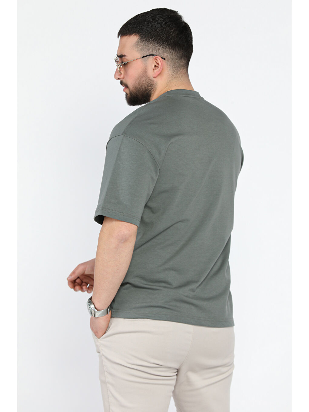 Haki Erkek Bisiklet Yaka Basic Oversize Tişört-2