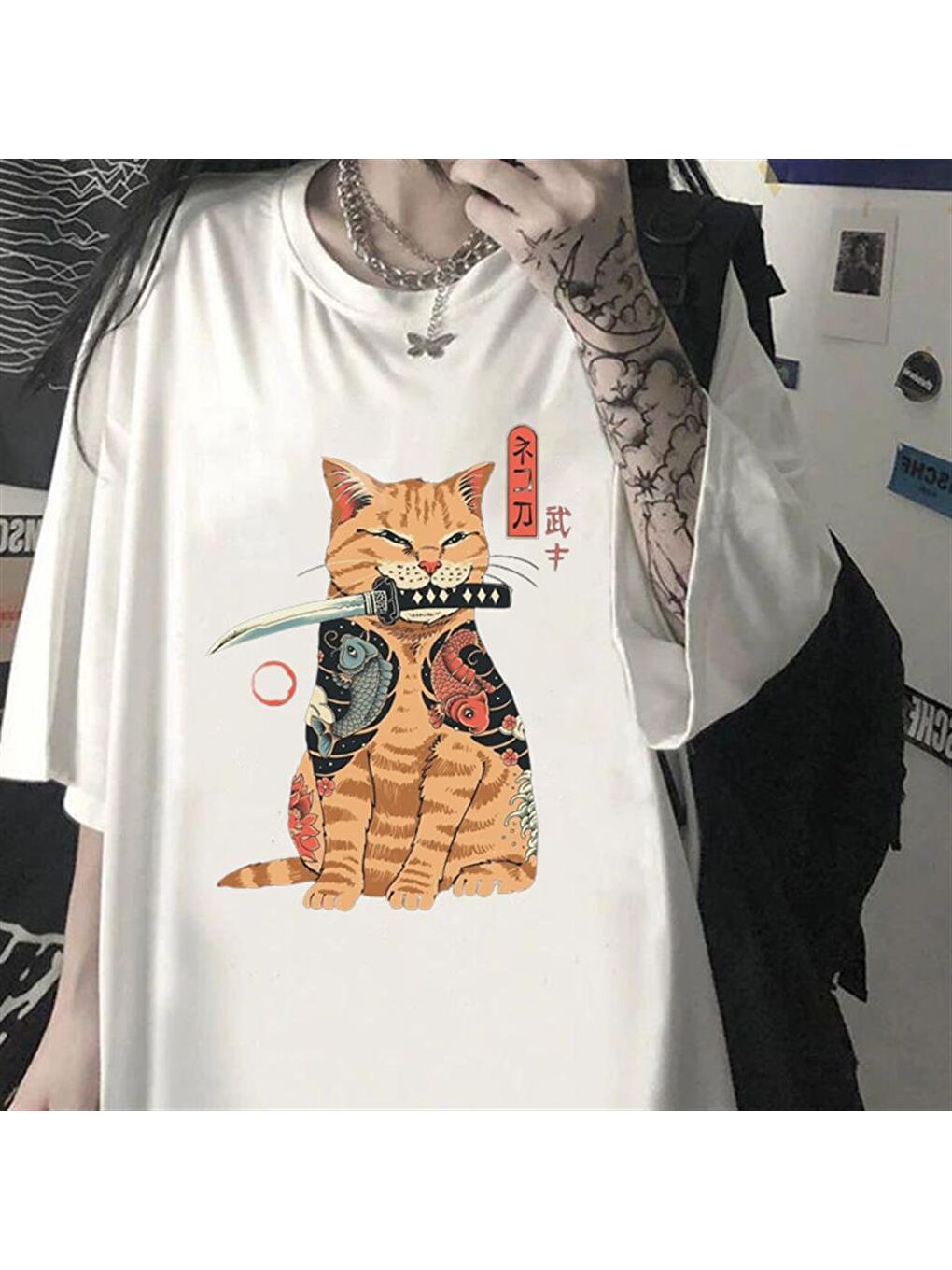 Touz Moda Beyaz Killer Cat Baskılı Beyaz Unisex Oversize T-shirt