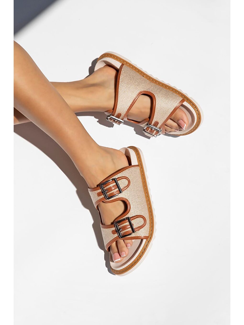 Kahverengi Moss Kadın Hasır Detay Günlük Deri Terlik Taba-1