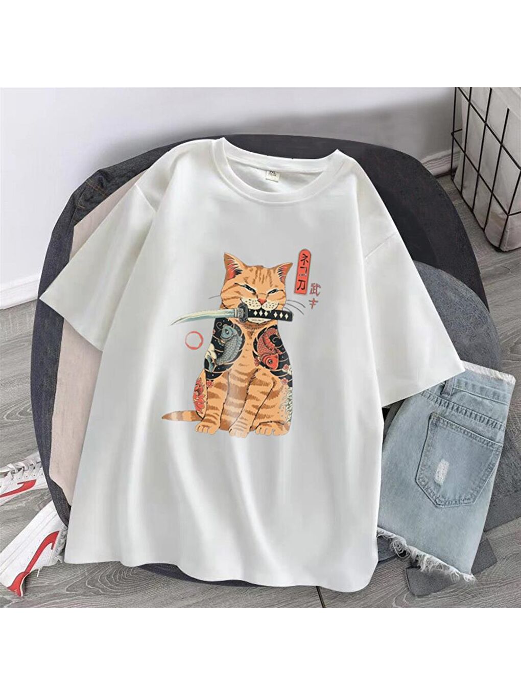 Touz Moda Beyaz Killer Cat Baskılı Beyaz Unisex Oversize T-shirt - 1