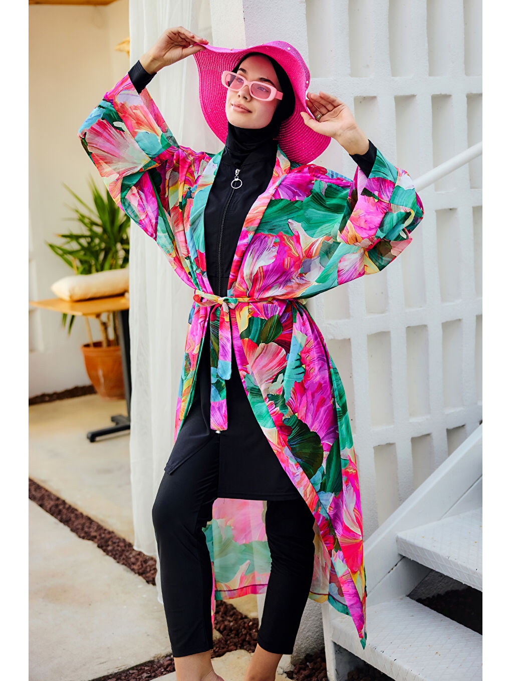 Remsa Tesettür Mayo Üzerine Tek Kaftan Kimono Pareo Pembe01 RP033 Ayşe