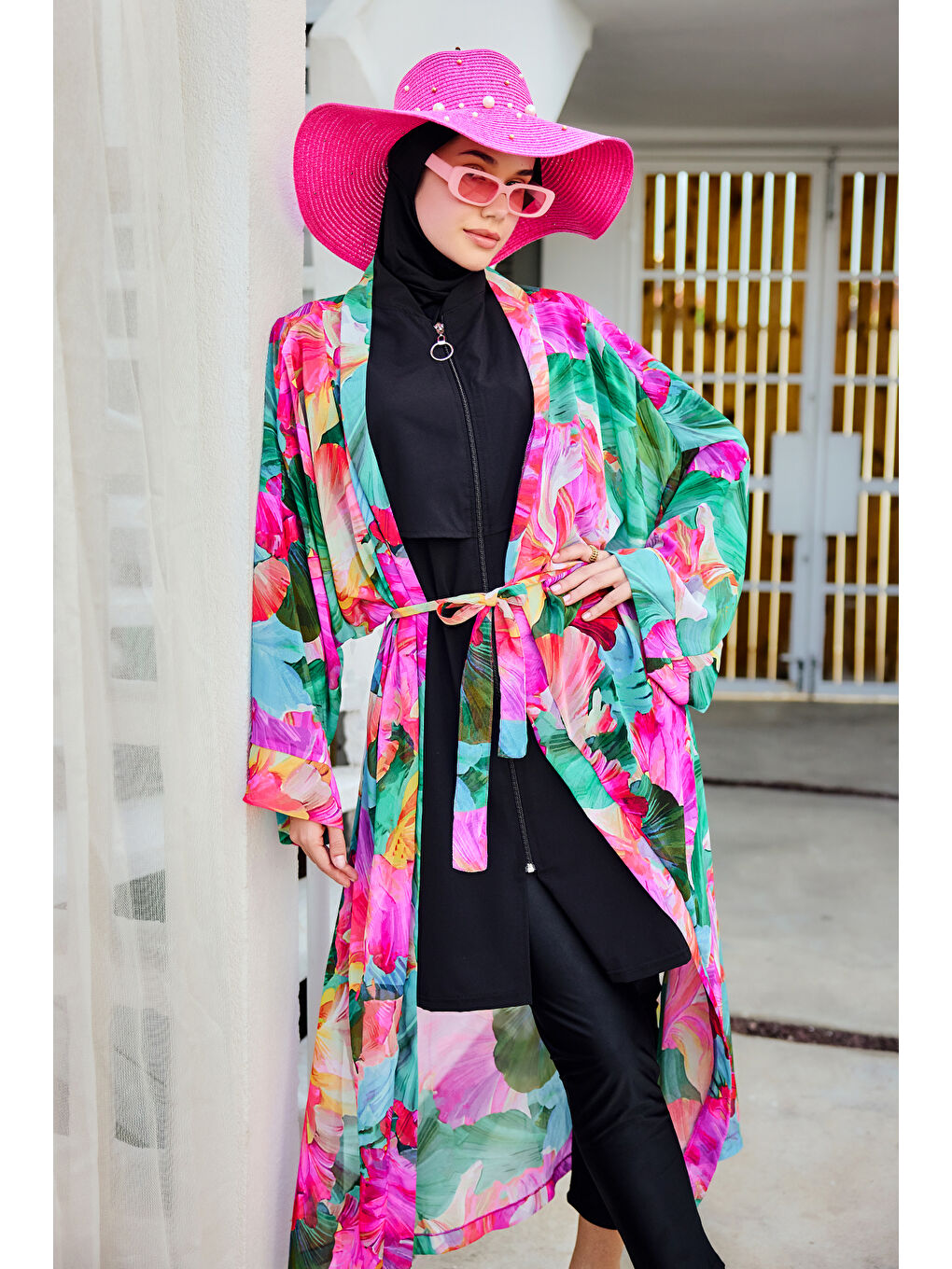 Remsa Tesettür Mayo Üzerine Tek Kaftan Kimono Pareo Pembe01 RP033 Ayşe-1