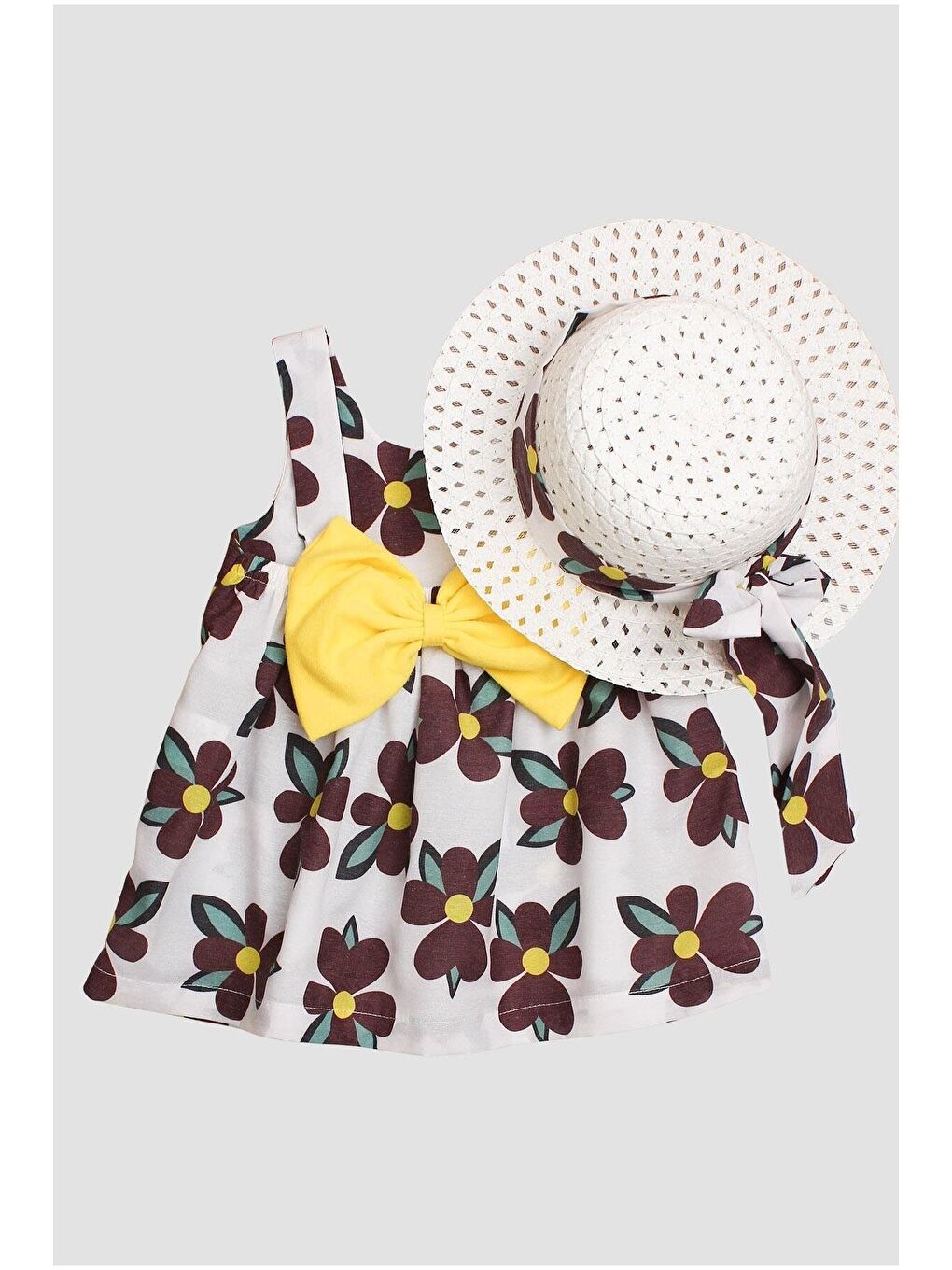 Kahverengi Şapkalı Üç Yapraklı Büyük Çiçek Desenli Kız Bebek Elbisesi