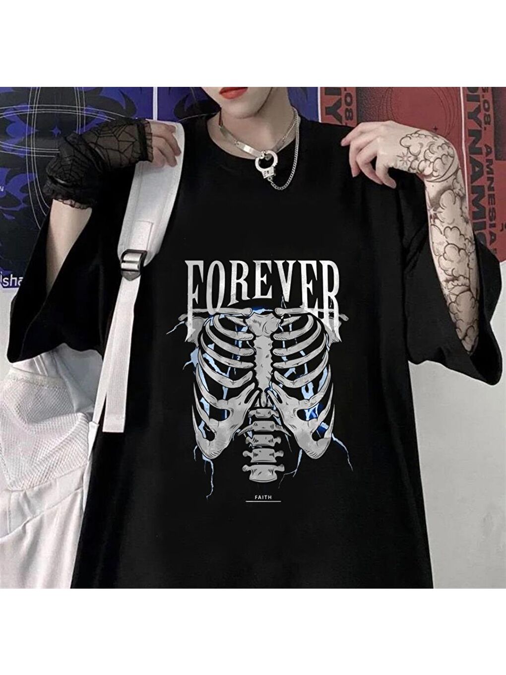 Touz Moda Siyah Forever Rib Baskılı Siyah Unisex Oversize T-shirt