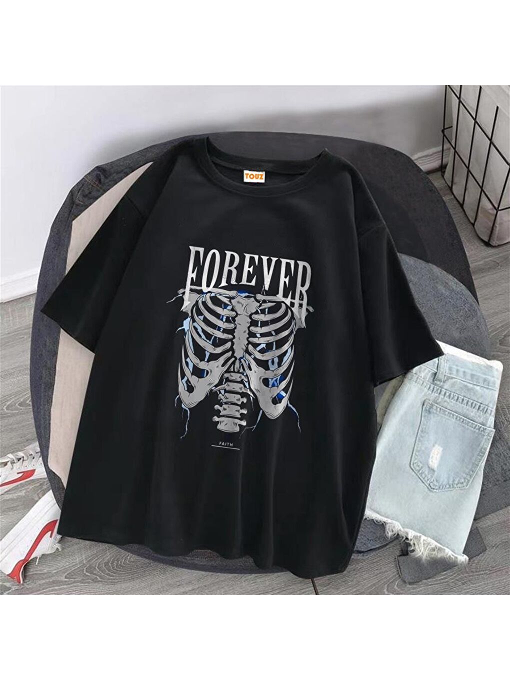 Touz Moda Siyah Forever Rib Baskılı Siyah Unisex Oversize T-shirt - 1