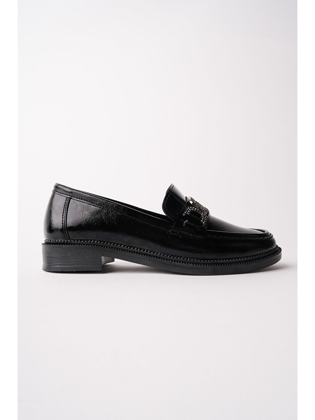 Siyah ARVEN Metal Tokalı Taş Detaylı Günlük Kadın Günlük Loafer Ayakkabı-1