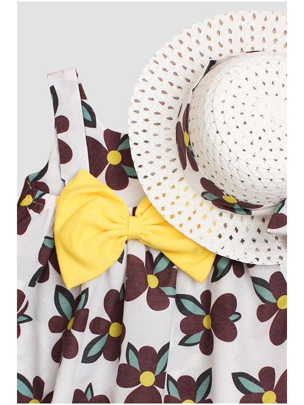 Kahverengi Şapkalı Üç Yapraklı Büyük Çiçek Desenli Kız Bebek Elbisesi-1