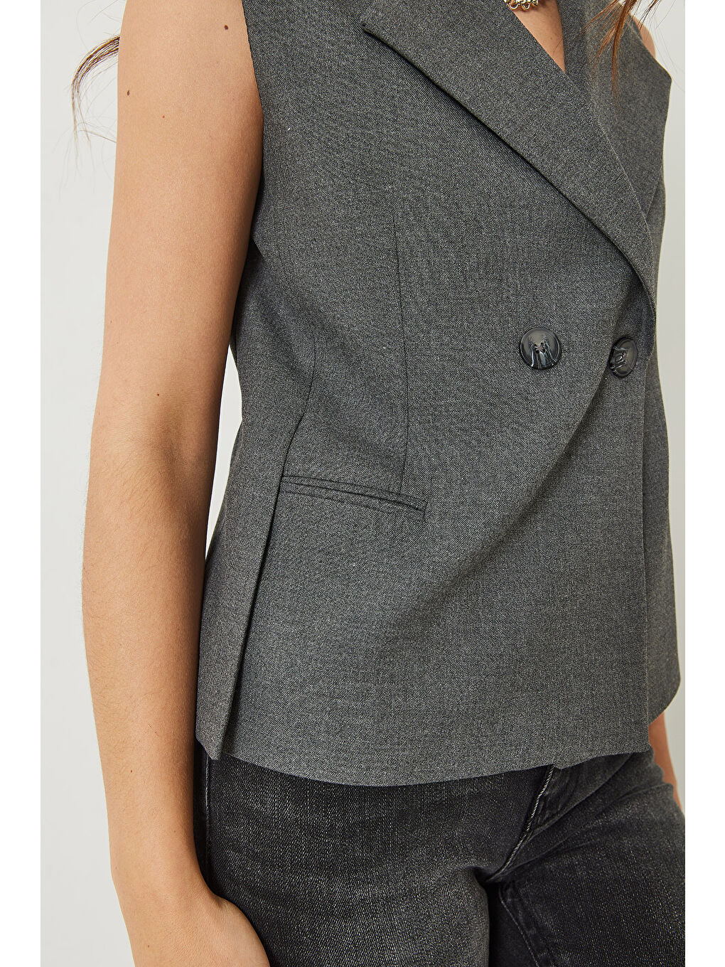 Antrasit Kadın Şal Yaka Asimetrik Kesim Yelek-5