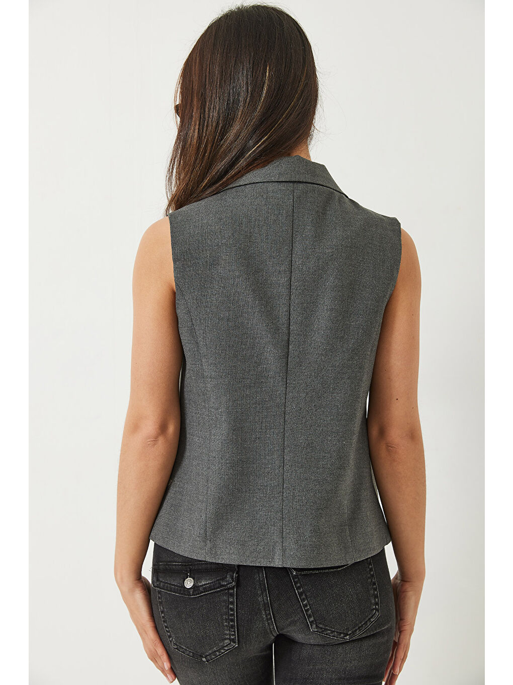 Antrasit Kadın Şal Yaka Asimetrik Kesim Yelek-6