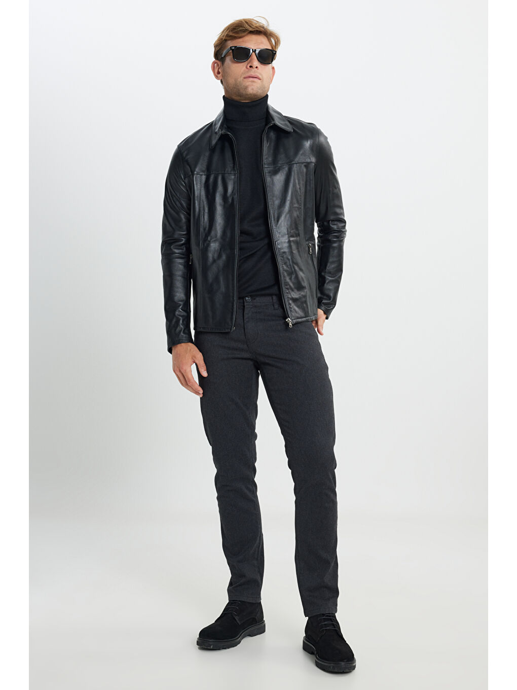 Erkek Siyah Standart Fit Normal Kesim %100 Hakiki Deri Dik Yaka Ceket-1