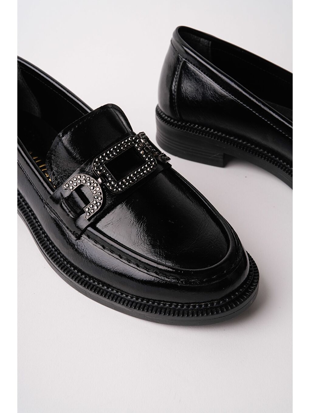 Siyah ARVEN Metal Tokalı Taş Detaylı Günlük Kadın Günlük Loafer Ayakkabı-5