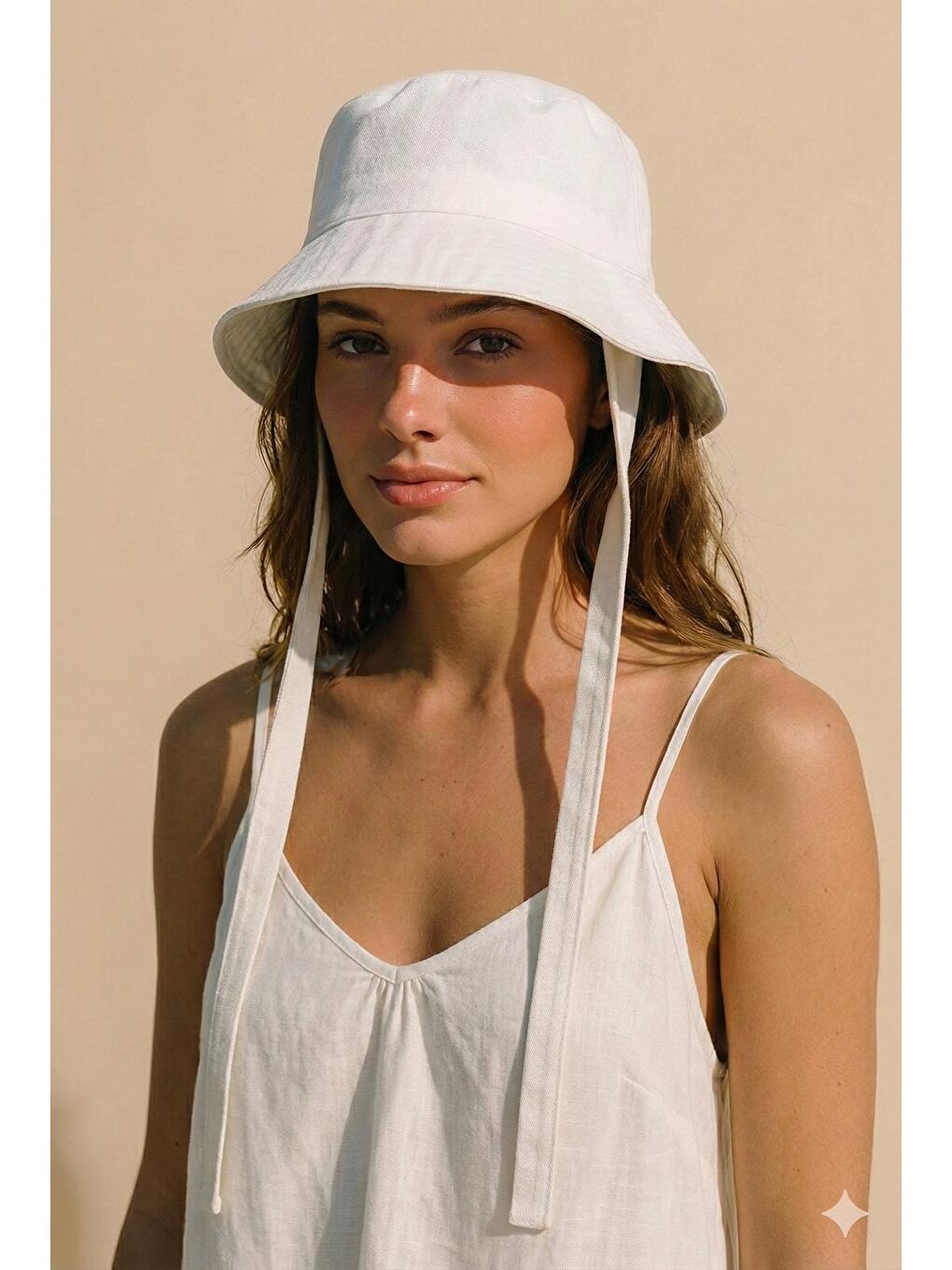 Beyaz Bağlama Detaylı Bucket Şapka Spk09-1-2