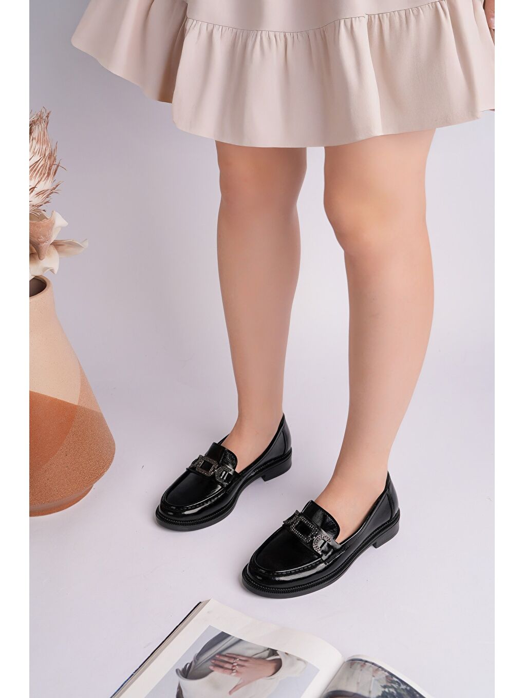 Siyah ARVEN Metal Tokalı Taş Detaylı Günlük Kadın Günlük Loafer Ayakkabı-6