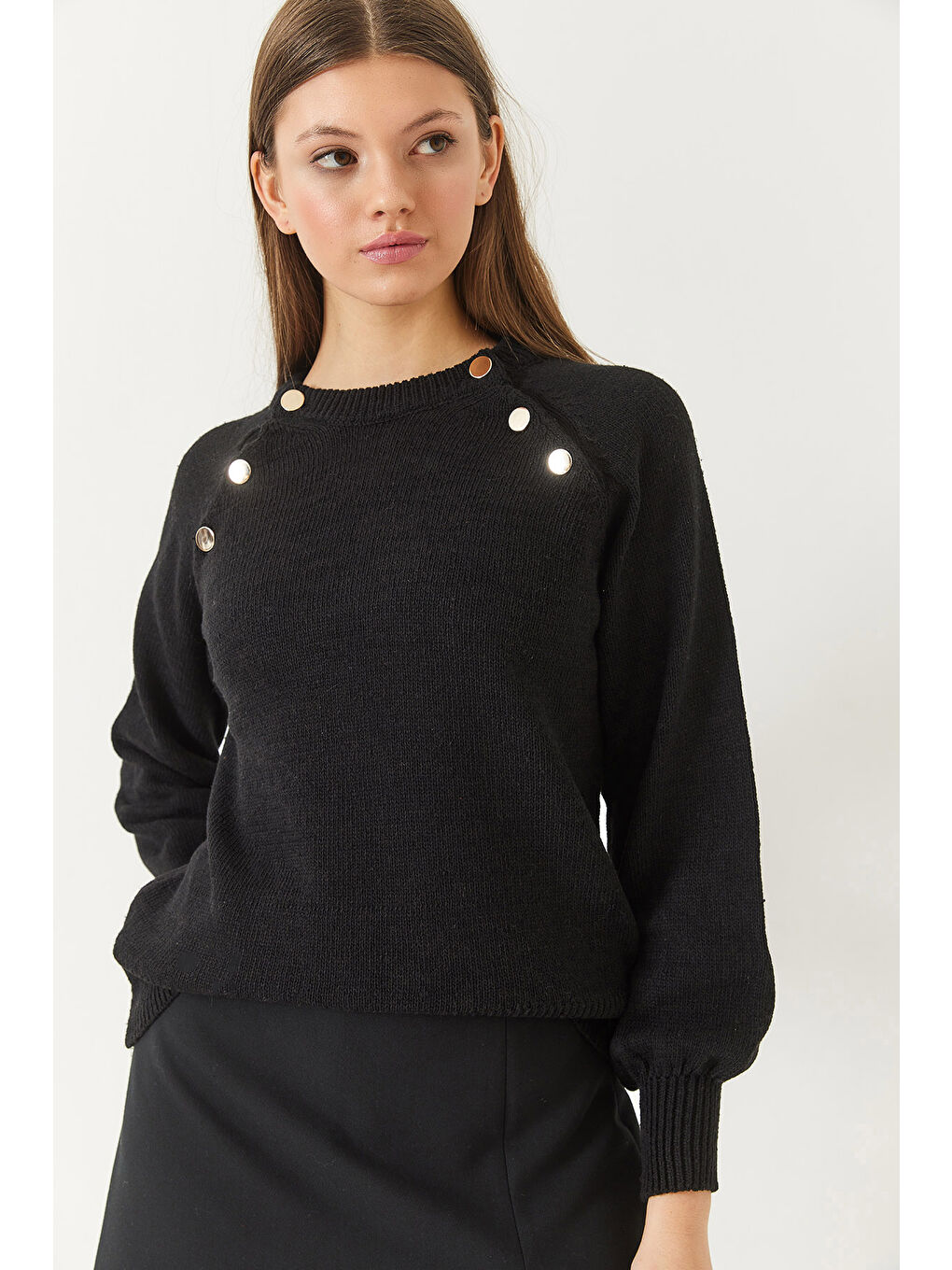 Siyah Kadın Patlı Reglanlı Triko Kazak-1