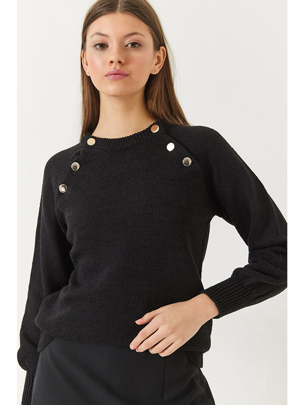 Siyah Kadın Patlı Reglanlı Triko Kazak-2