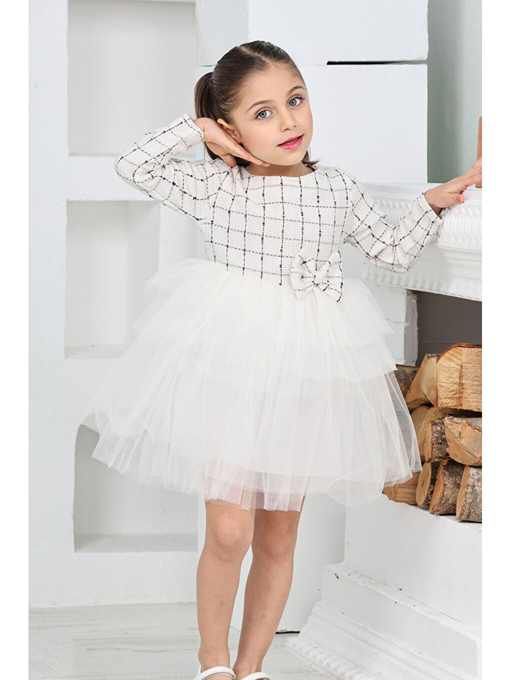 Beyaz Kız Çocuk Çift Kat Tüllü ve Fiyonklu Elbise 12172-1