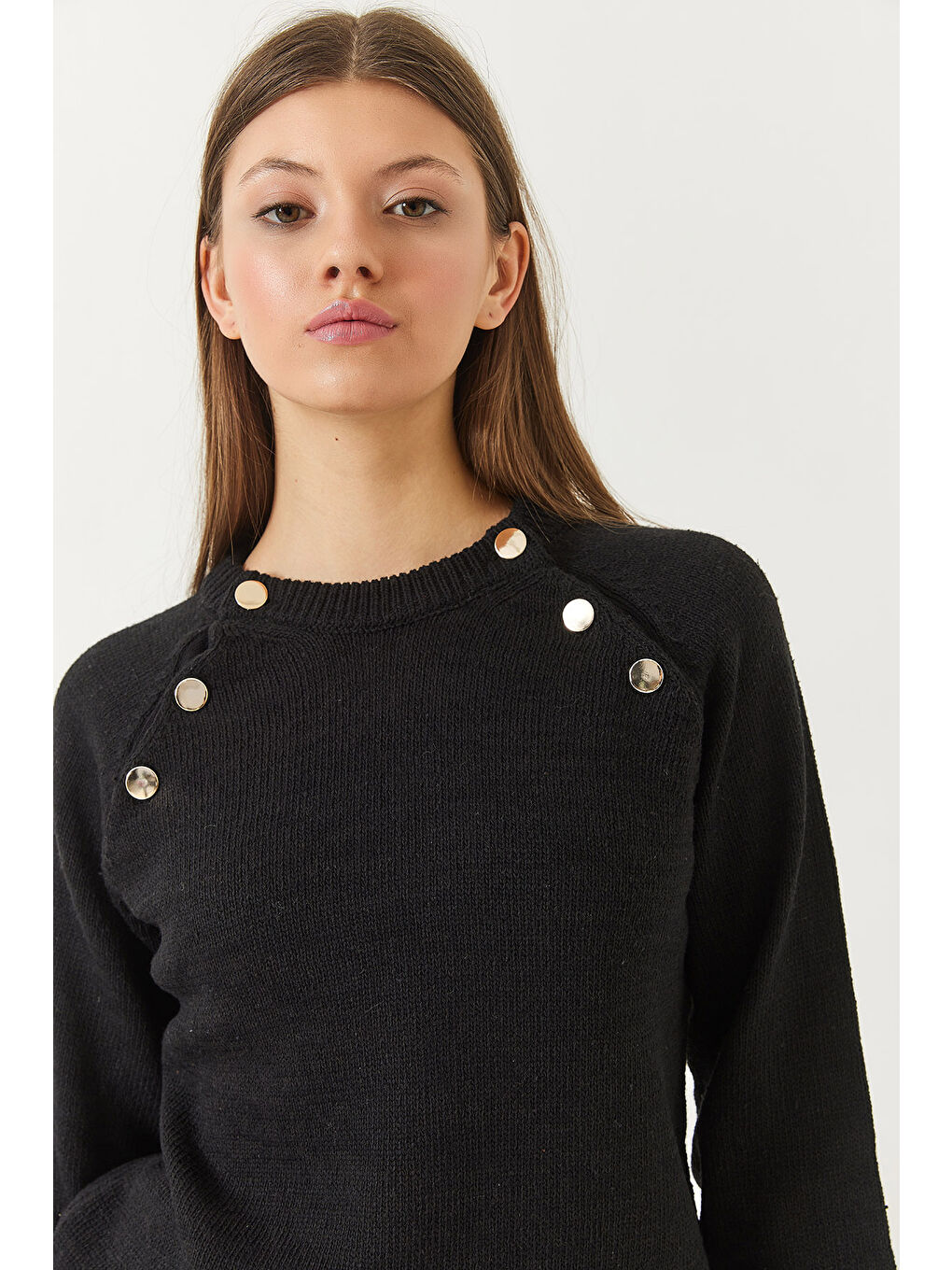 Siyah Kadın Patlı Reglanlı Triko Kazak-3