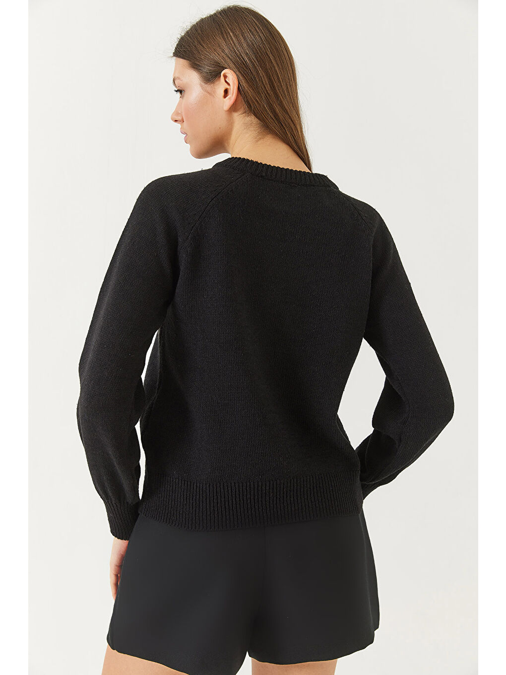 Siyah Kadın Patlı Reglanlı Triko Kazak-4