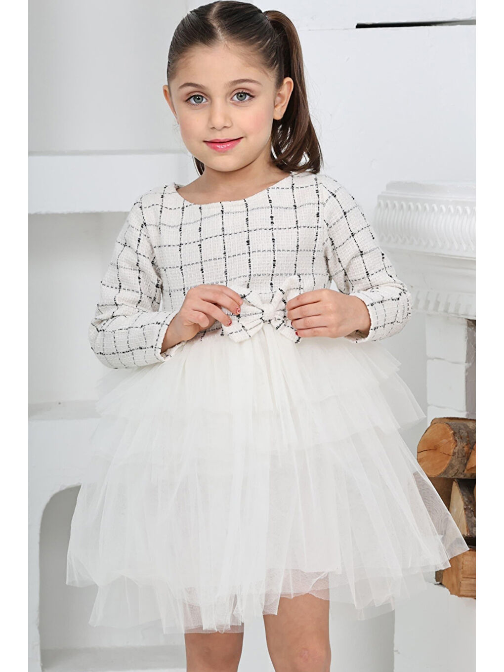 Beyaz Kız Çocuk Çift Kat Tüllü ve Fiyonklu Elbise 12172-2