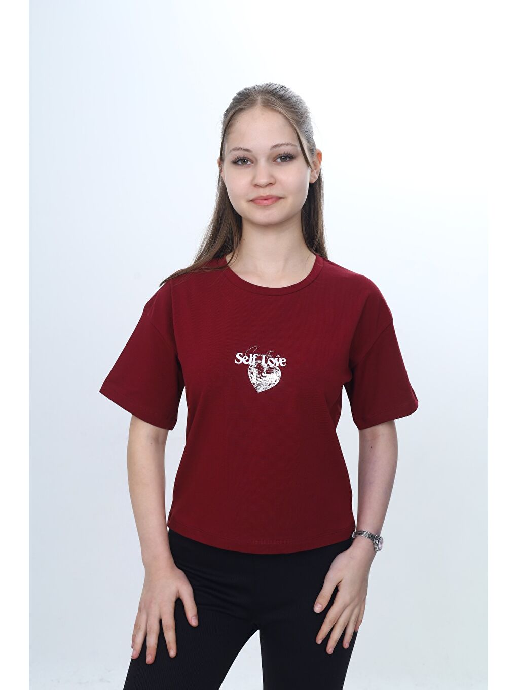 Bordo Kız Çocuk Bisiklet Yaka Kısa kollu Baskılı Tişört 24972