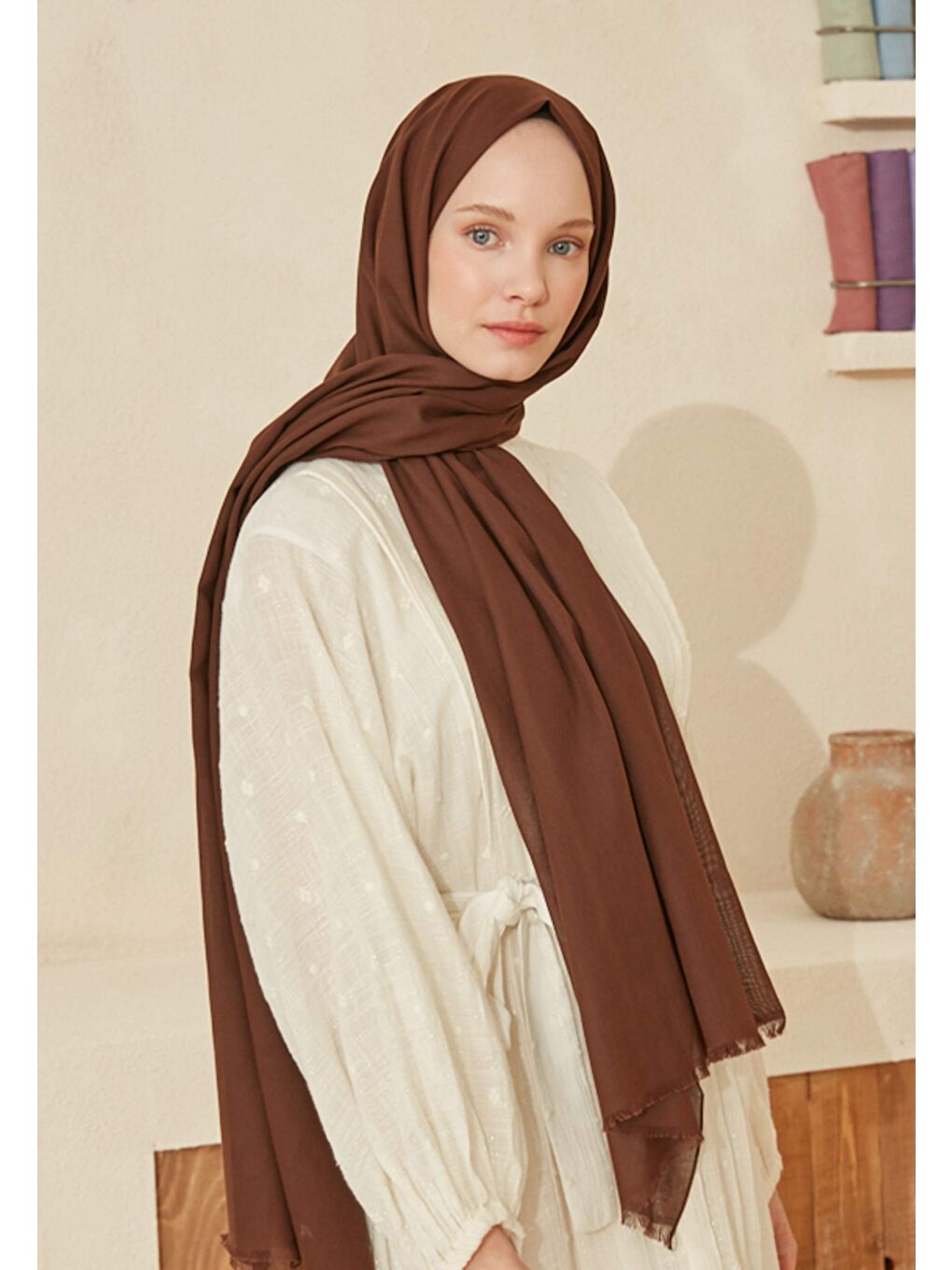 Kahverengi İnce Pamuk Vual Şal Çikolata Kahve-1