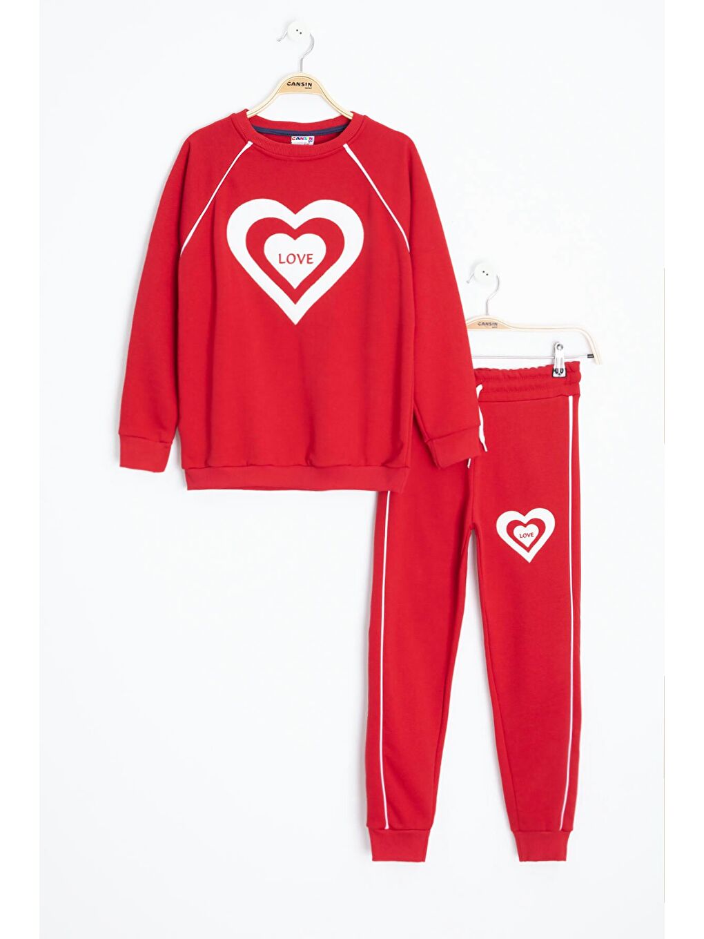 Kırmızı Kalp Desenli Kız Çocuk Şeritli Eşofman Takımı 23345-1