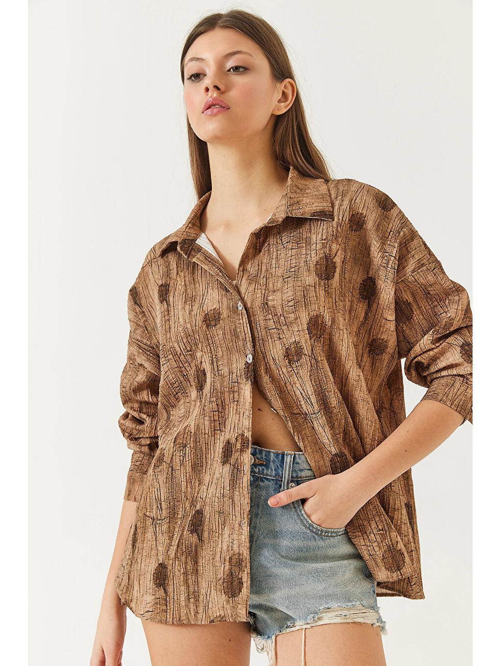 Kahverengi Kadın Düşük Omuz Empirme Oversize Gömlek-2