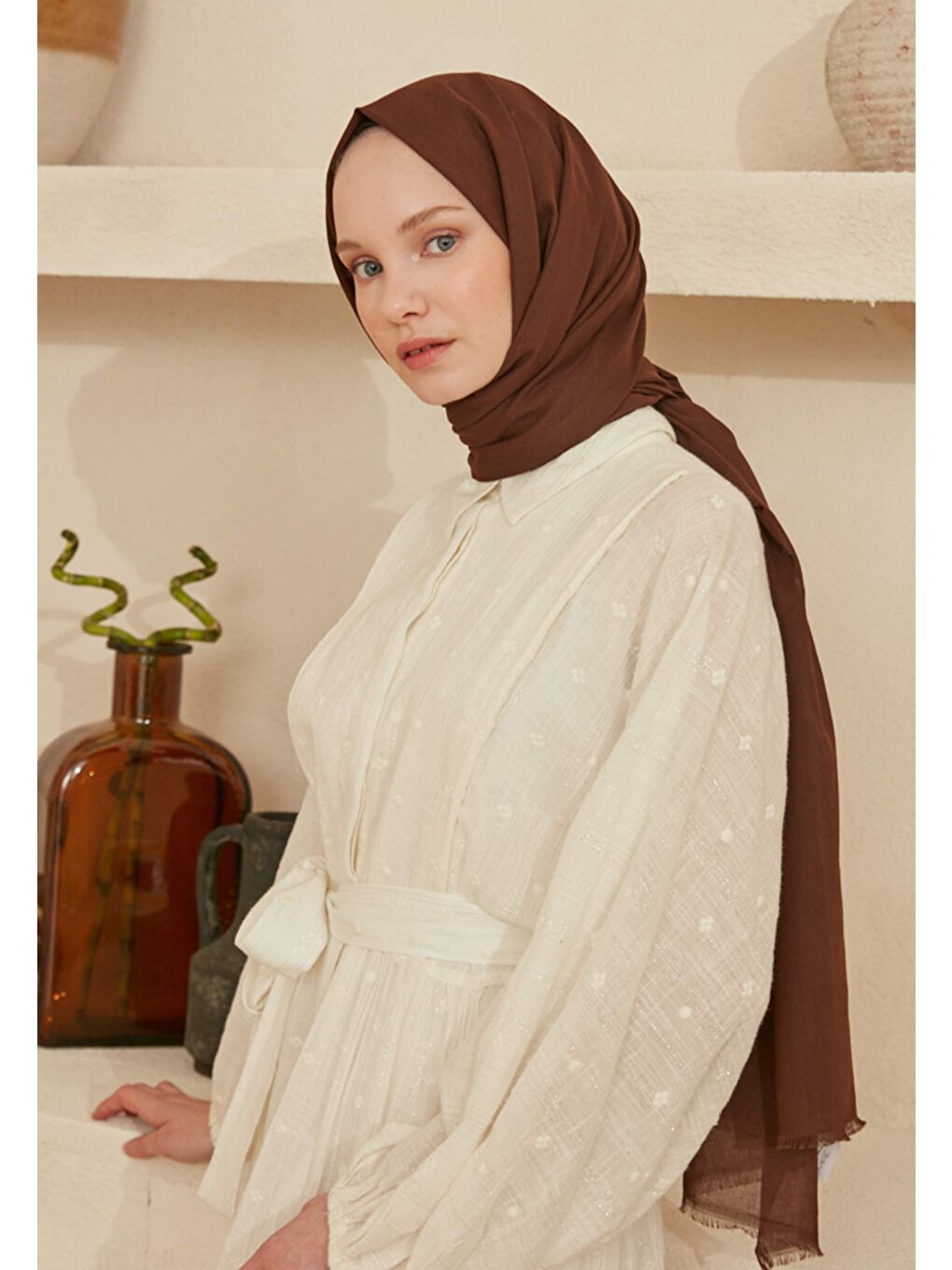 Kahverengi İnce Pamuk Vual Şal Çikolata Kahve-3