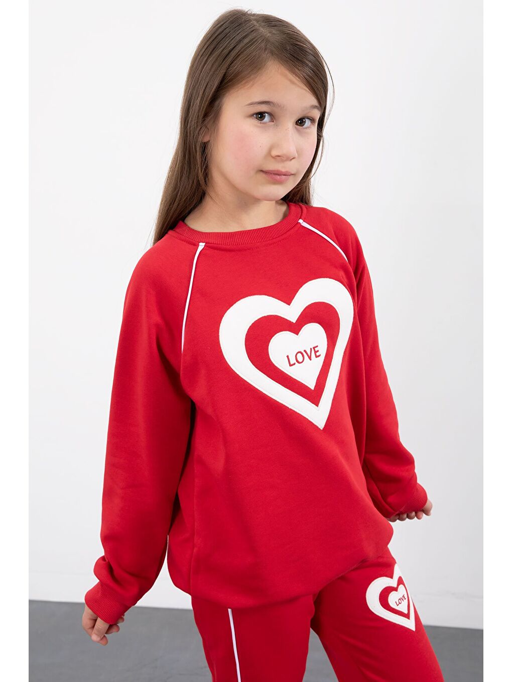 Kırmızı Kalp Desenli Kız Çocuk Şeritli Eşofman Takımı 23345-2