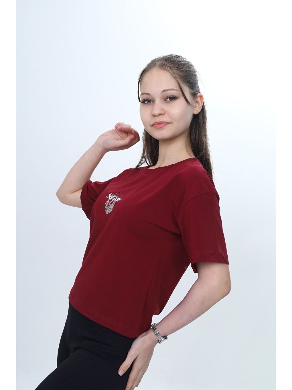 Bordo Kız Çocuk Bisiklet Yaka Kısa kollu Baskılı Tişört 24972-1