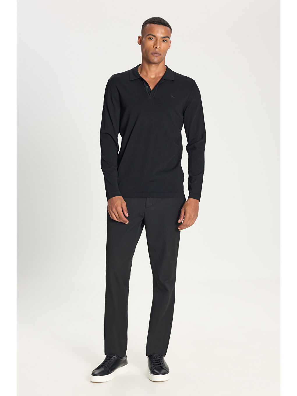 Erkek Siyah Standart Fit Normal Kesim Polo Yaka Basic Triko Kazak-1