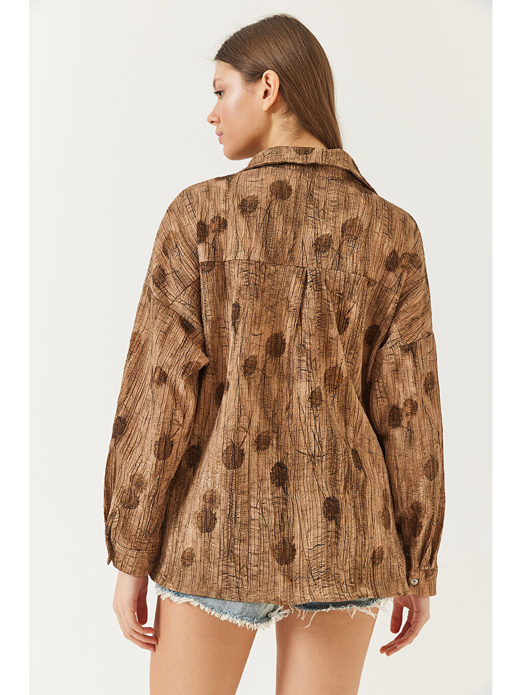 Kahverengi Kadın Düşük Omuz Empirme Oversize Gömlek-5