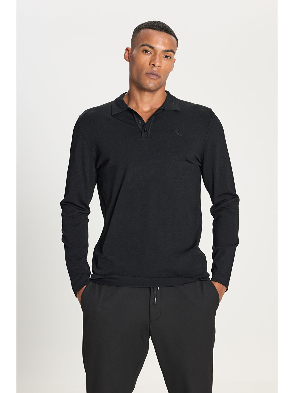 Erkek Siyah Standart Fit Normal Kesim Polo Yaka Basic Triko Kazak-2