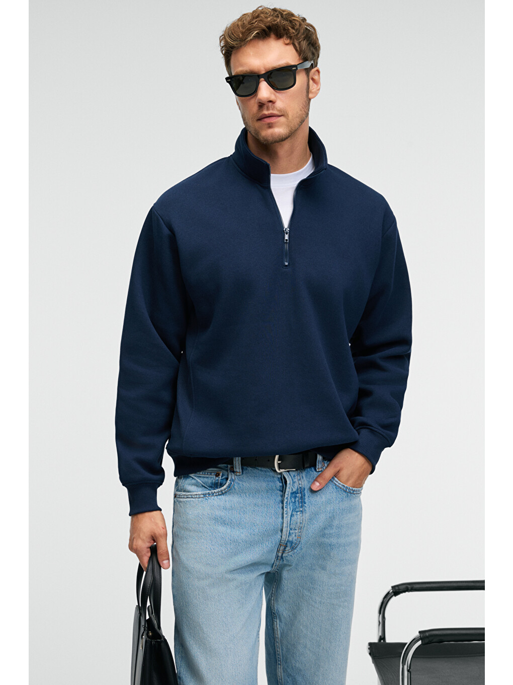 Lacivert BAXTER Erkek Dik Yakalı Fermuarlı Relaxed LACİVERT Sweatshirt-1