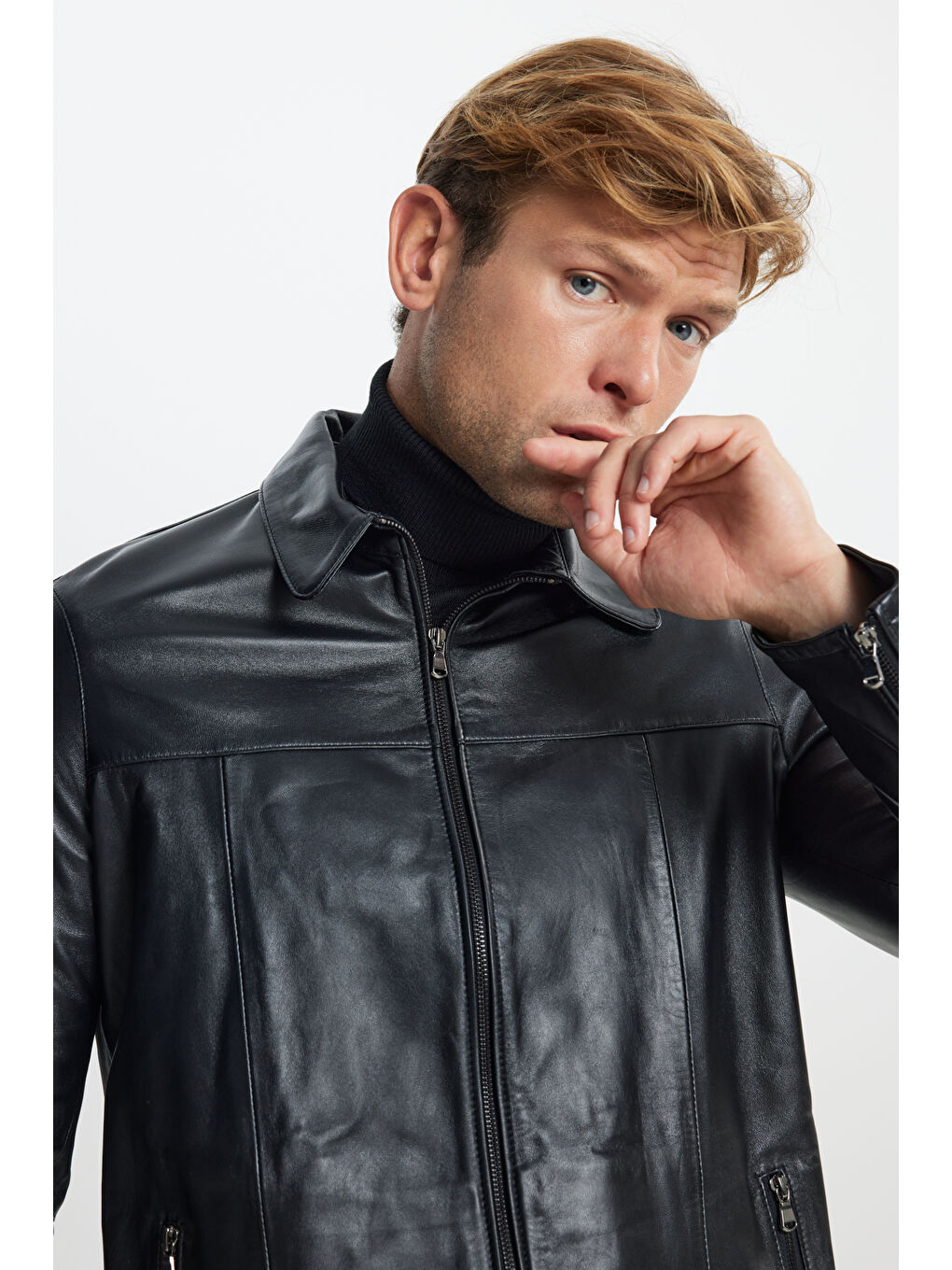 Erkek Siyah Standart Fit Normal Kesim %100 Hakiki Deri Dik Yaka Ceket-3