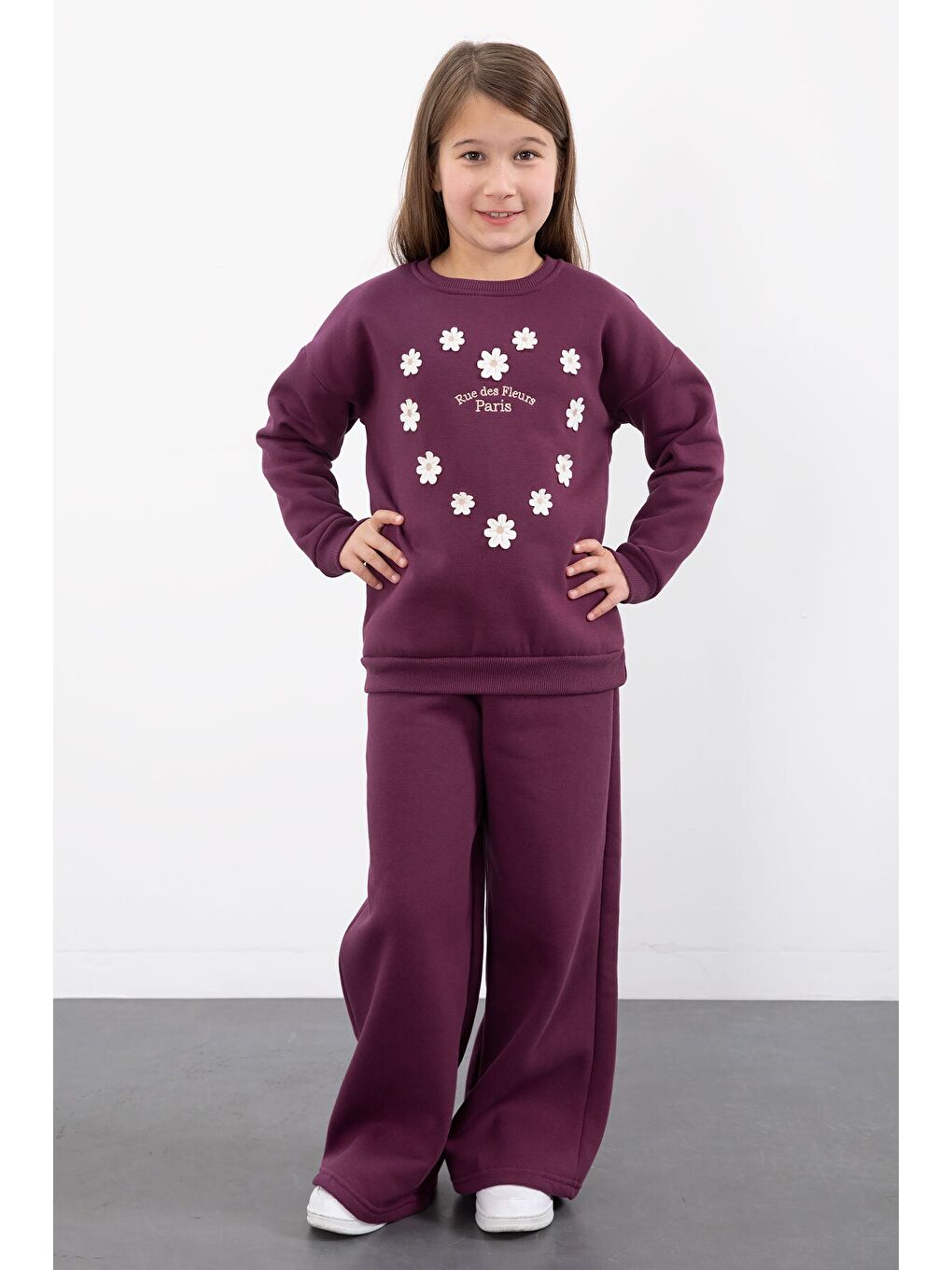 Mor Çiçek Nakışlı Şardonlu Kız Çocuk Geniş Paça Eşofman Takımı 23347-3