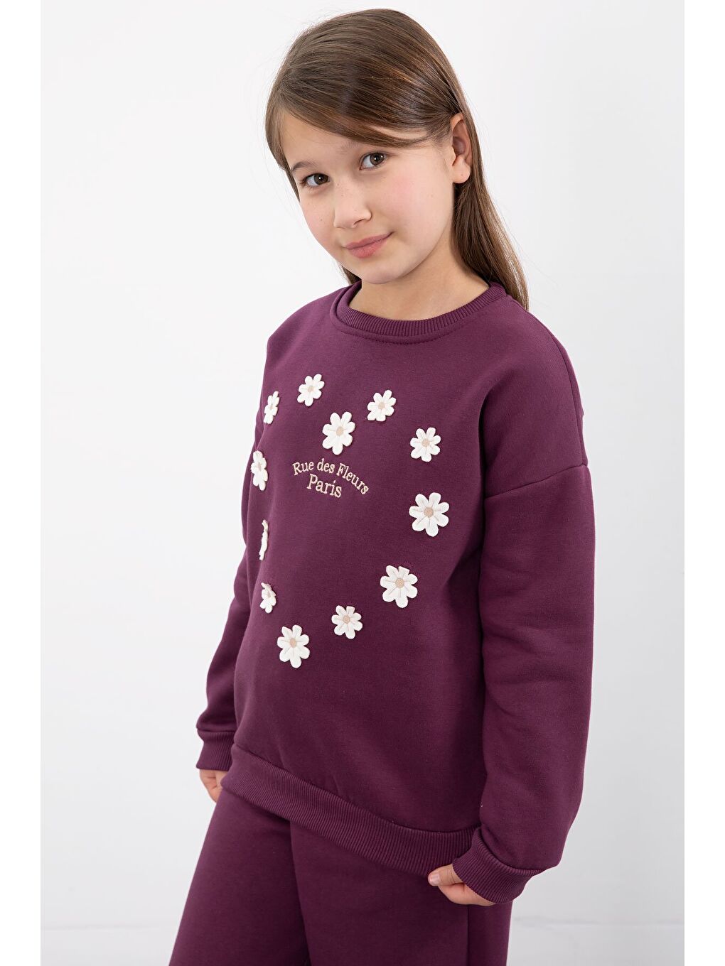 Mor Çiçek Nakışlı Şardonlu Kız Çocuk Geniş Paça Eşofman Takımı 23347-4