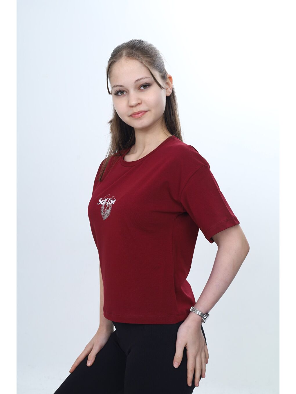 Bordo Kız Çocuk Bisiklet Yaka Kısa kollu Baskılı Tişört 24972-6