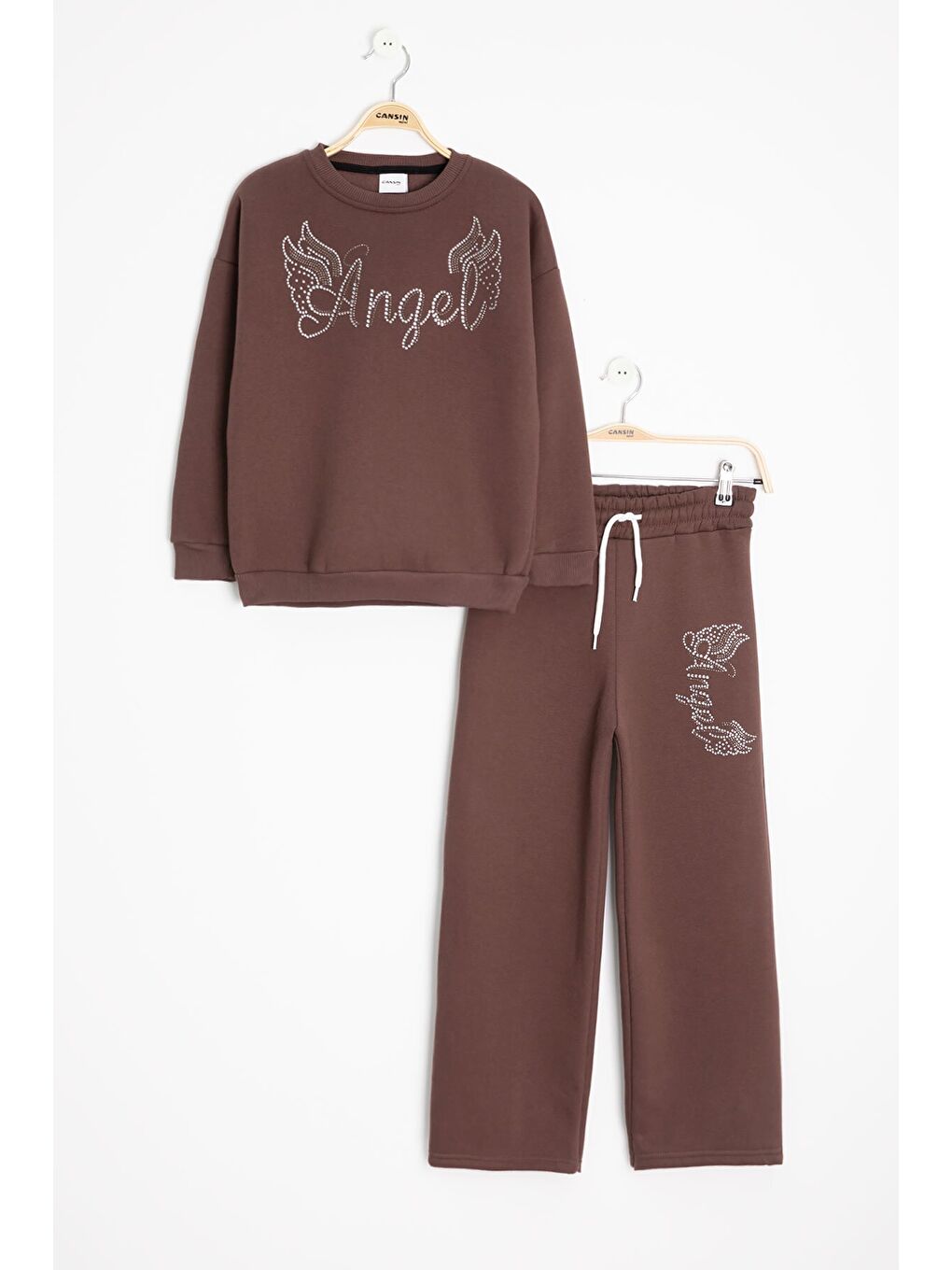 Kahverengi Kanatlı Angel Yazılı Kız Çocuk Şardonlu Eşofman Takımı 23346-1