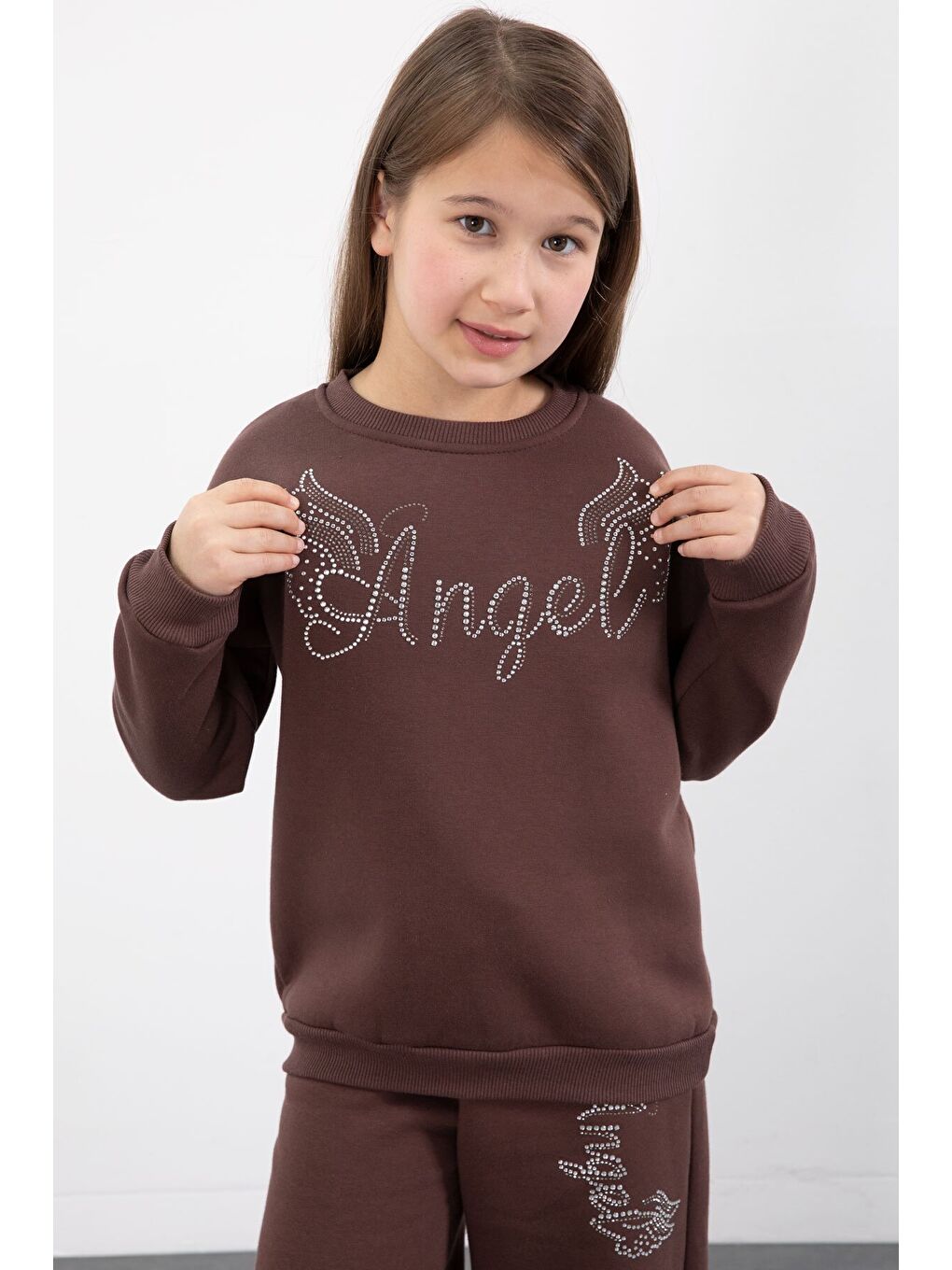 Kahverengi Kanatlı Angel Yazılı Kız Çocuk Şardonlu Eşofman Takımı 23346-2